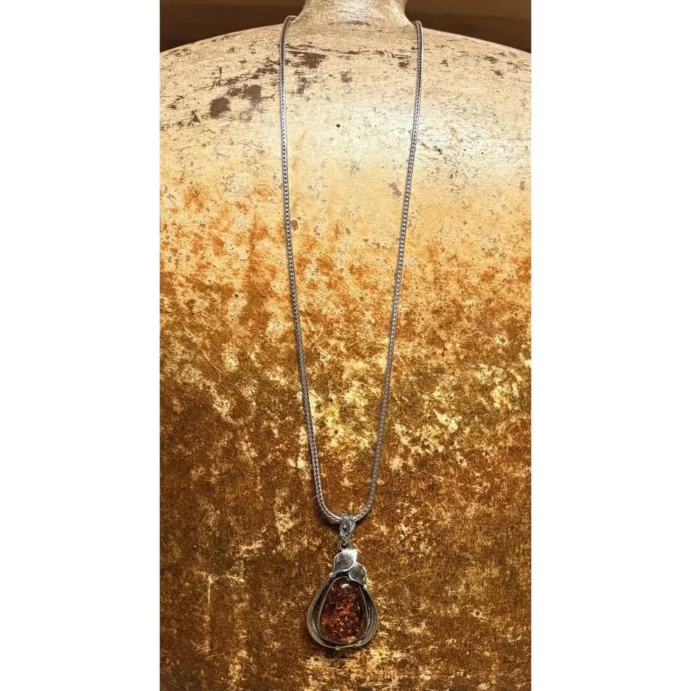 Sterling Silver & Baltic Amber Pendant w/ Calla Lily Designs 25 Inches Fox Tail